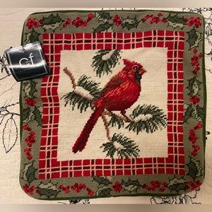 Vintage Winter Holly & Berry Cardinal Handmade Needlepoint Pillow Cover New
